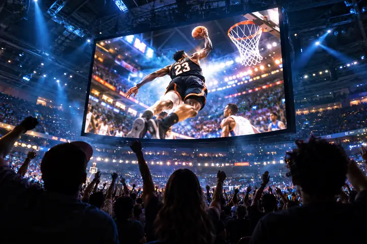 Ein lebhaftes animiertes Sportvideo läuft auf einer großen Leinwand über einer voll besetzten Indoor-Arena, gesehen aus dem Publikum.