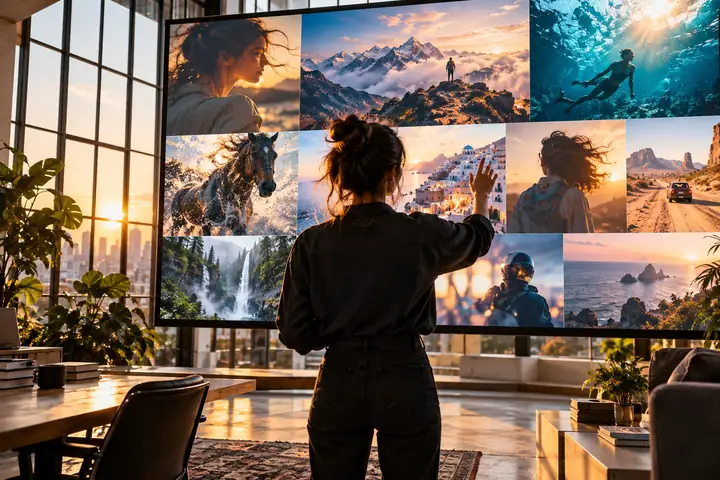 Eine von hinten zu sehende kreative Person interagiert in einem hellen, modernen Arbeitsbereich mit einer großen digitalen Anzeige von Kampagnenbildern.