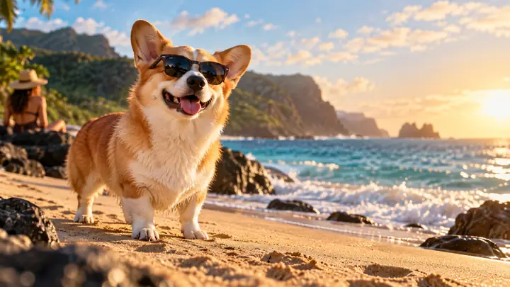 Ein fröhlicher Corgi mit Sonnenbrille steht an einem sonnigen Strand neben dem blauen Ozean, inszeniert wie ein filmisches Videostandbild.