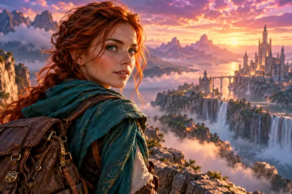 Ein ausdrucksstarkes Fantasy-Porträt einer jungen Entdeckerin mit kupferrotem Haar und türkisfarbener Kleidung, beleuchtet von farbigem filmischem Licht.