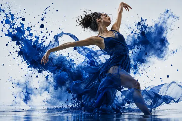 Eine Tänzerin in einer ausdrucksstarken Pose ist von dramatischen blauen Tintenspritzern vor einem hellen Studiohintergrund umgeben.