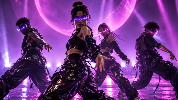 Vier futuristische Tänzerinnen und Tänzer treten in einer filmischen Weitwinkelaufnahme unter violettem und magentafarbenem Bühnenlicht auf, mit leuchtenden Visieren.