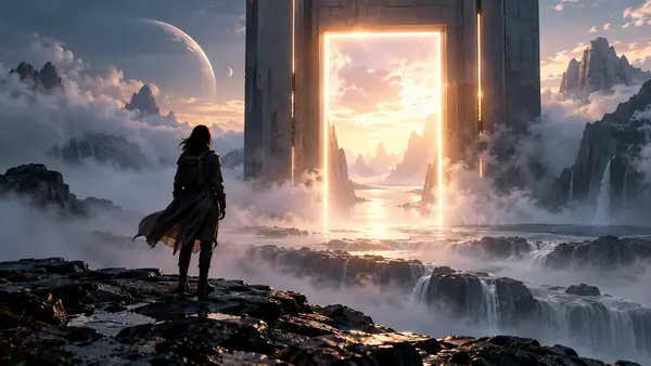 Ein allein reisender Mensch steht in einer nebligen, filmischen Science-Fiction-Landschaft vor einem leuchtenden Eingang.