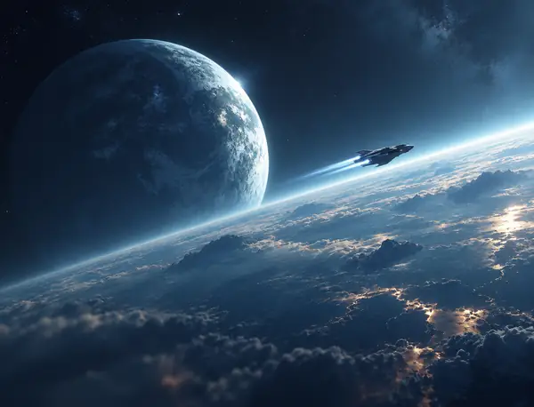 Ein Raumschiff fliegt über einen leuchtenden planetaren Horizont unter einem riesigen Mond.