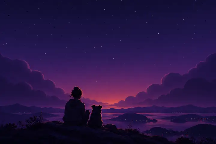 Ein Dämmerungshimmel mit Sternen über sanften violetten Wolken.