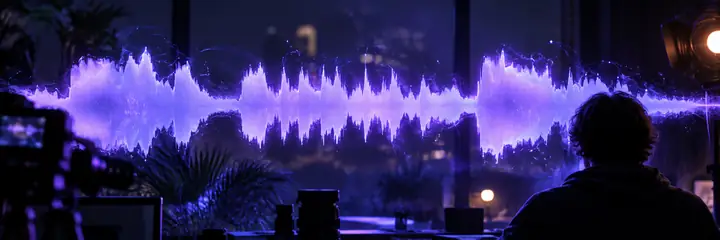 Eine violette Audio-Wellenform, die als Beispiel für kreative Medien gezeigt wird.
