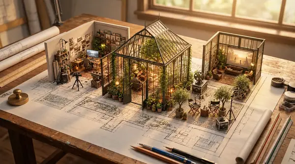 Ein äußerst detailliertes Architekturmodell und ein kleines Gewächshaus stehen auf einem sonnenbeschienenen Schreibtisch.
