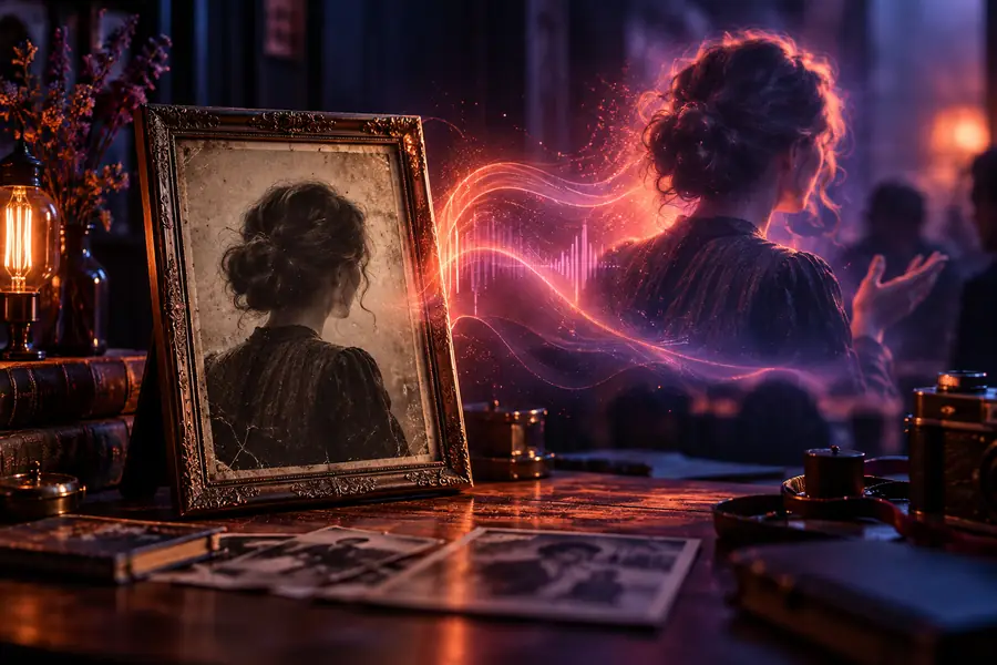 Illustrative talking-portrait scene representing an animated result